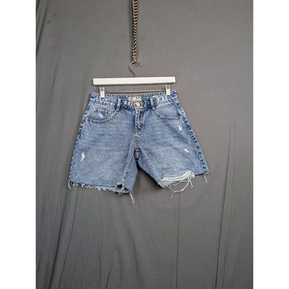 Rewash Shorts Womens 1/25 Blue Reunion Wedge Midi High Rise Distressed Denim